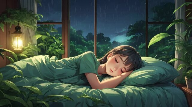 anime girls, sleeping, lofi, lofi girls, rain, rainy, 4k resolution, peaceful, plant, night, sound, music, forest, green area, room, tree, moon, nice view, bulding, city, bed, home, sofa, sleep, face,