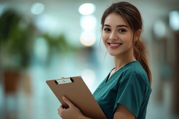 A smiling young female nurse in a turquoise coat stands in a hospital corridor holding a clipboard. The background is slightly blurred, which emphasizes her approachable and professional demeanor