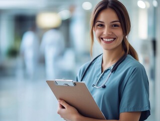 A smiling young female nurse in teal scrubs stands in a brightly lit hospital hallway, holding a clipboard. The background is softly blurred, emphasizing her welcoming and caring demeanor