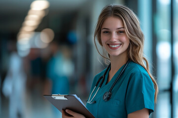 A smiling young female nurse in teal scrubs stands in a hospital hallway, holding a clipboard. The background is blurred, focusing on her cheerful expression and professional demeanor