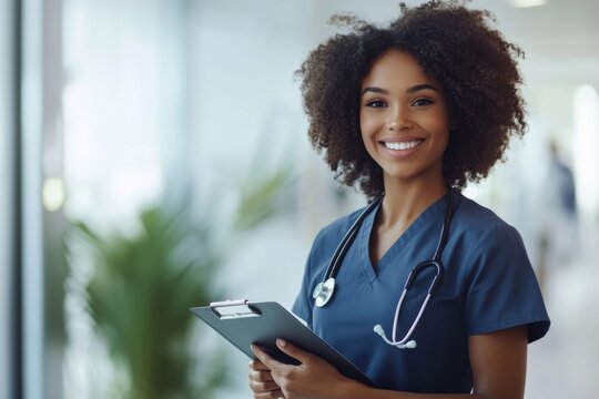 A smiling young female nurse in navy blue scrubs stands in a bright hospital hallway, holding a clipboard. The background is softly blurred, focusing on her welcoming expression