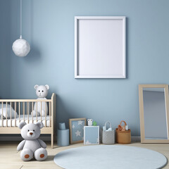 Kids' nursery with empty frame for mockup and blue decor