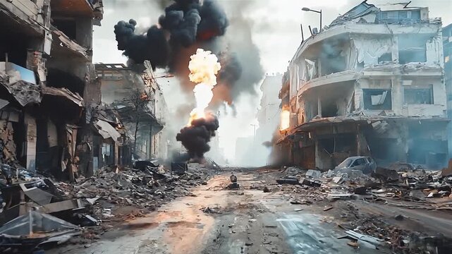Slow Motion Scene of War-Torn Buildings Bombed by Enemy Aircraft in the Middle East