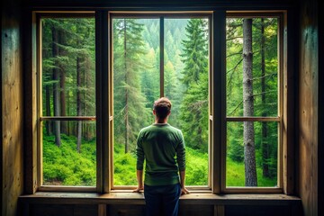 Person in a window frame, looking out at a forest, mysterious, forest, green