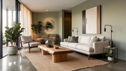 Fototapeta premium Serene Minimalist Living Room: A contemporary living space with a calming ambiance. Natural light streams in through large windows, illuminating the neutral color palette and sleek furniture. The mini