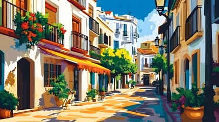 Fototapeta premium Spanish Flat Design Street Corner, Realism Art, Vibrant City Life, Cultural Heritage Scene