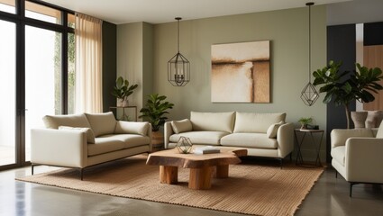 Fototapeta premium Modern Living Room Oasis: A serene and stylish living room with a cream-colored sofa, wooden coffee table, and lush greenery. The large windows offer a view of the outdoors, creating a sense of calm a