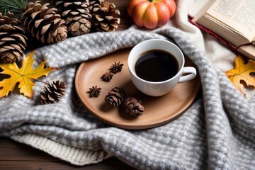 Fototapeta premium Cozy Autumnal Still Life with Coffee and Pine Cones