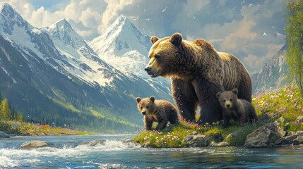 Fototapeta premium Bear Family in a Mountain Valley