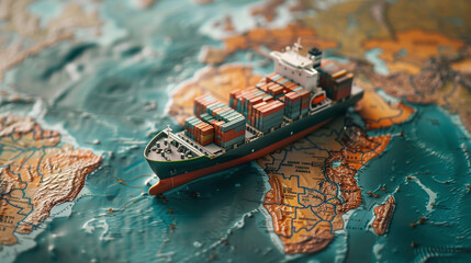 Container ship model on world map