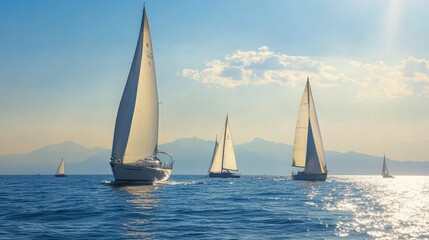 Fototapeta premium Sailing Rendezvous: A Series of Yachts and Ships in a Competitive Regatta on the Open Seas