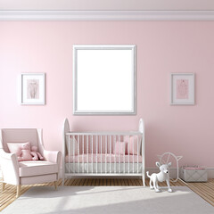 Pink Nursery Room Interior with Blank Frame Mockup Above Crib