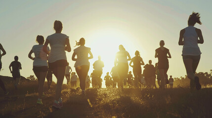 Diverse group of people participating in a charity run, Outdoor setting with a clear sky