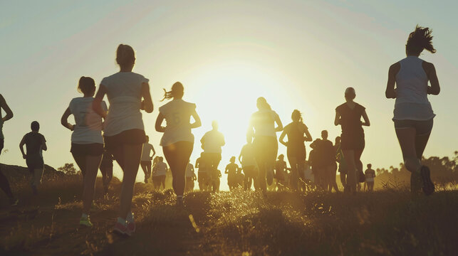 Diverse group of people participating in a charity run, Outdoor setting with a clear sky
