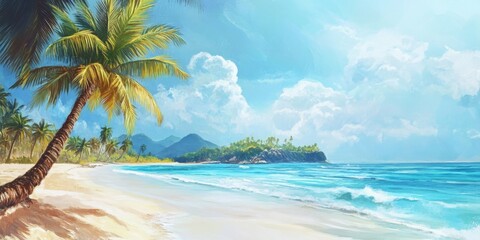 Fototapeta premium Tropical Island Bliss: A Lively and Serene Beach Illustration with Palm Trees Sway to the Ocean's Melody