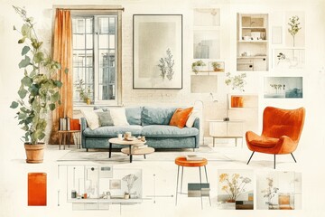Modern Vector Collage of Minimalist Interior Design Elements with Neutral Color Palettes