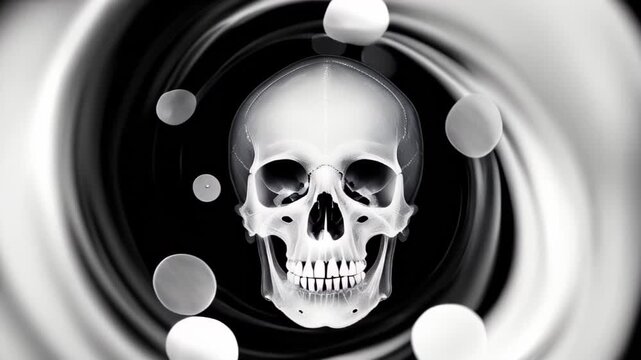 A black and white human skull, surrounded by swirling, abstract light patterns. X-ray scull. Logo, intro, halloween background