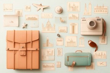 Nostalgic Vector Collage of Vintage Postcards, Cityscapes & Travel Gear | Retro Travel Experience with Hand-Drawn Elements and Warm Tones
