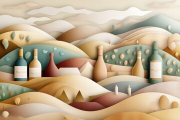 Vineyard Vignettes: Vector Collage of Auto-Traced Scenes, Hand-Drawn Wine Bottles, and Earthy Textures in Wine Country.