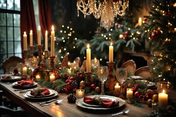 Christmas Table Setting with Candles and Ornaments