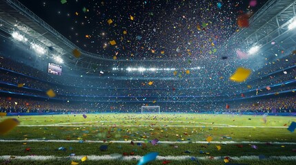 Confetti Raining Down on a Soccer Stadium After a Victory