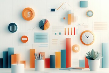 Fototapeta premium Dynamic Vector Collage of Financial Charts, Hand-Drawn Economic Icons, and Auto-Traced Office Scenes in Impactful Colors for Economic Analysis Concept.