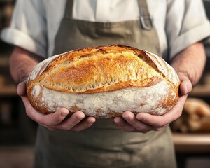 A closeup of a baker cradling a freshly baked loaf of bread in a rustic kitchen, where the warmth and aroma of home fill the air
