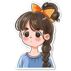 Obraz premium A cartoon girl with a braid and an orange bow, looking thoughtful.