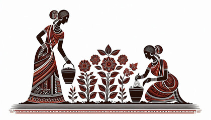 Indian tribals warli art dark brown painting design,tribal Rural Lifestyle,woman watering and take care of plant,white background 