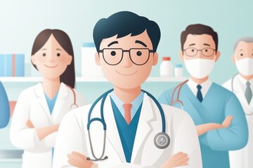 Fototapeta premium Vibrant Vector Collage of Hand-Drawn Medical Staff in Auto-Traced Hospital Interiors with Scanned Textures and Healthcare Colors