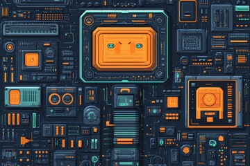 Fototapeta premium Futuristic Vector Collage of Hand-Drawn AI Icons and Robotic Scenes with Innovative Colors