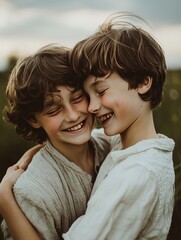 high resolution vintage portrait photography of two happily smiling beautiful Swedish 14-year old boys hugging and smiling at each other on midsummer-night 