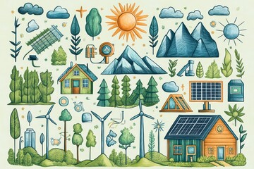 Obraz premium Innovative Fusion of Hand-drawn Energy Tech Icons and Auto-traced Renewable Energy Scenes in Vector Collage