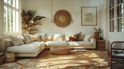 Cozy home interior with green plants, boho rustic style of bedroom, wood bed and furniture in light brown color in room. Concept of wooden decor, contemporary design