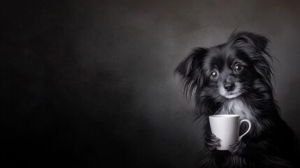 A dog with a cup of coffee. 