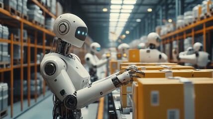 Fototapeta premium A humanoid robot working in an advanced factory setting
