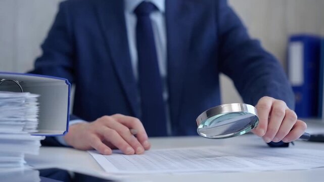 Businessman is carefully examining financial documents with a magnifying glass, highlighting the importance of thorough analysis in business. Audit and taxes