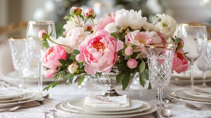 Holiday tablescape, formal dinner table setting, peony flowers table scape with peonies decoration for wedding party and event celebration