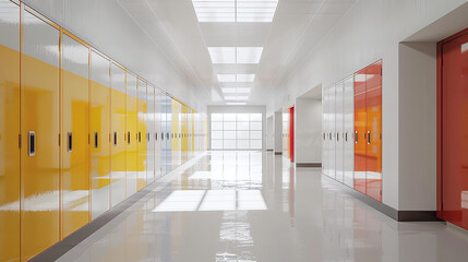 School lockers in a bright, spacious hallway with clean lines