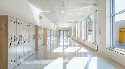 School lockers in a bright, spacious hallway with clean lines