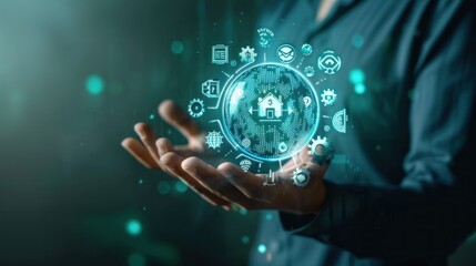 Fototapeta premium Digital marketing Business and finance elements Financial technology with businessman, close-up of businessman holding Business and finance icons