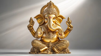 Fototapeta premium (Horizontal)The golden Ganesha statue is shimmering with the surrounding supernatural light. The background is filled with soft, glowing light, creating a magical and divine aura.
