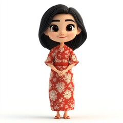 A cheerful animated character in a red floral kimono, standing with a friendly demeanor.