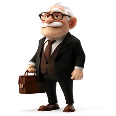 A cartoonish elderly man in a suit holding a briefcase, exuding a professional demeanor.