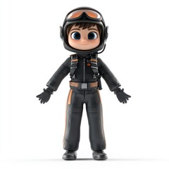 A cartoon-style character dressed in a black and orange pilot outfit with a helmet.