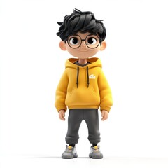 A 3D cartoon character of a boy wearing a yellow hoodie and glasses, standing confidently.