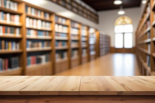 Wooden Tabletop with Blurred Bookshelf Background in a Library