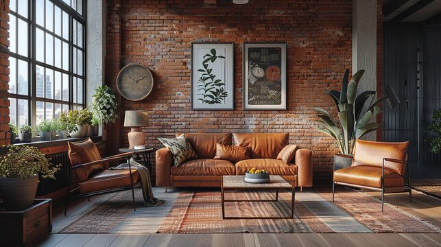 Living room interior in loft, industrial style