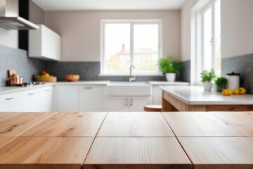 Wooden Tabletop in Modern Kitchen with Window and Sink