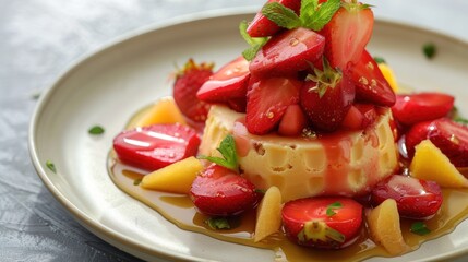 A delicious dessert featuring strawberries, syrup, and a creamy base, beautifully presented.